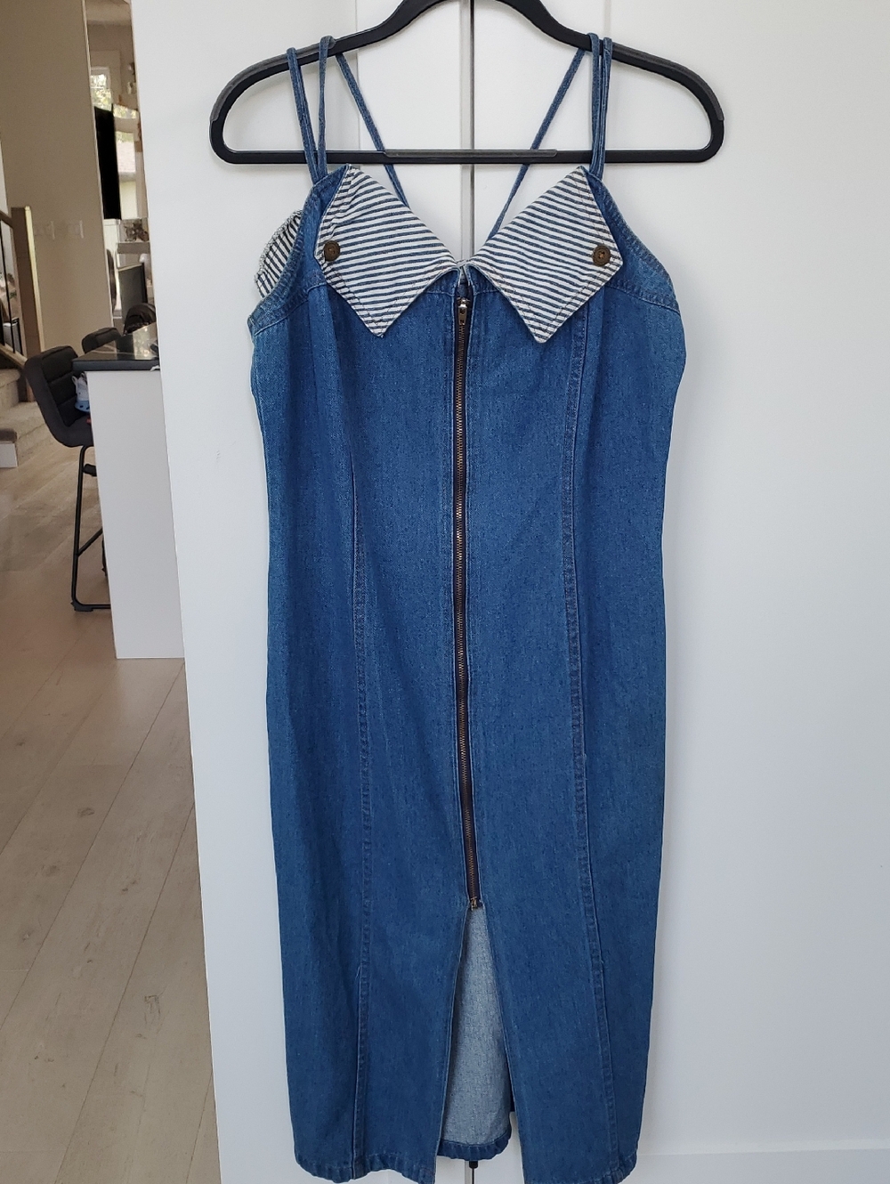 Rama of USA-100% Cotton cutest denim dress zip up, slit front,cute lapel detail